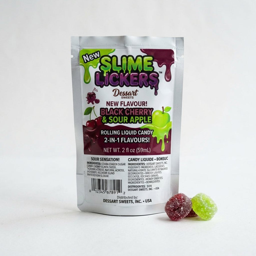 New Slime Lickers: Black Cherry & Sour Apple by Dessart Sweets — front of pack at Exotic Snaxx Chicago