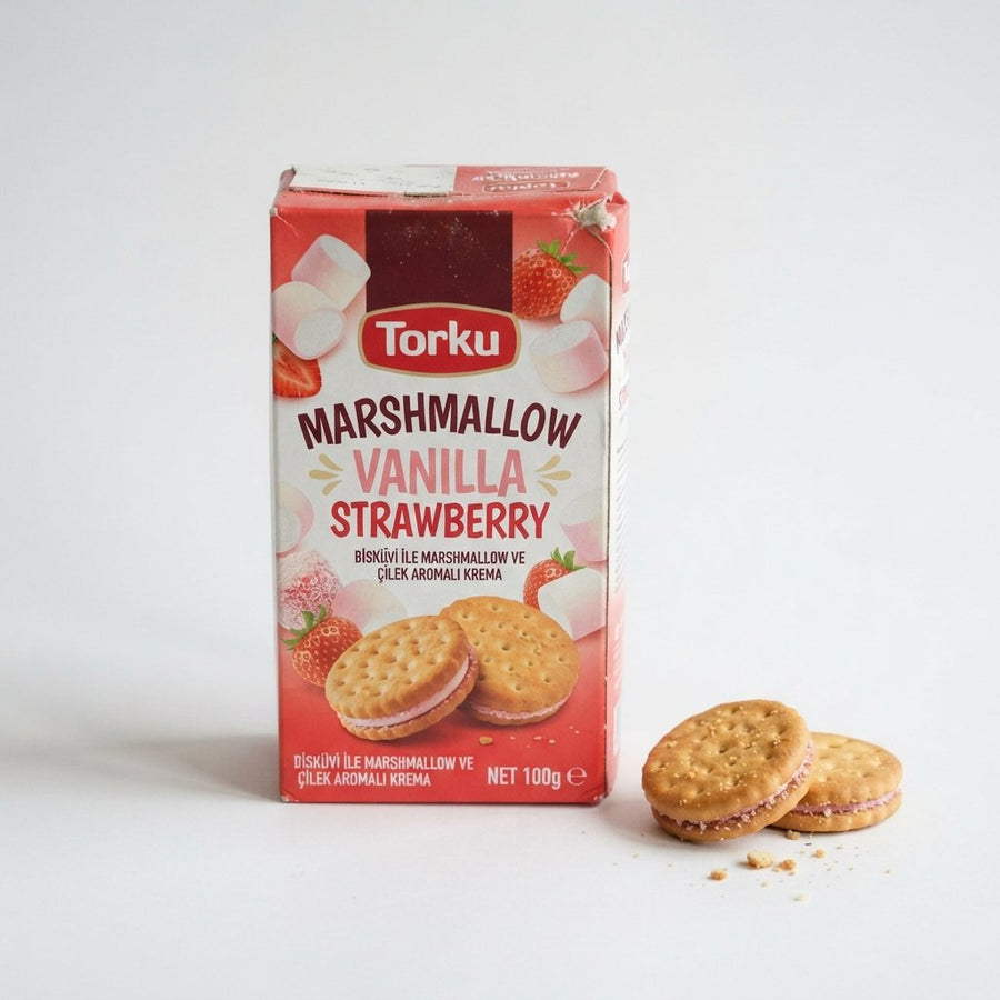 Marshmallow Vanilla Strawberry Turkiye — front of pack at Exotic Snaxx Chicago