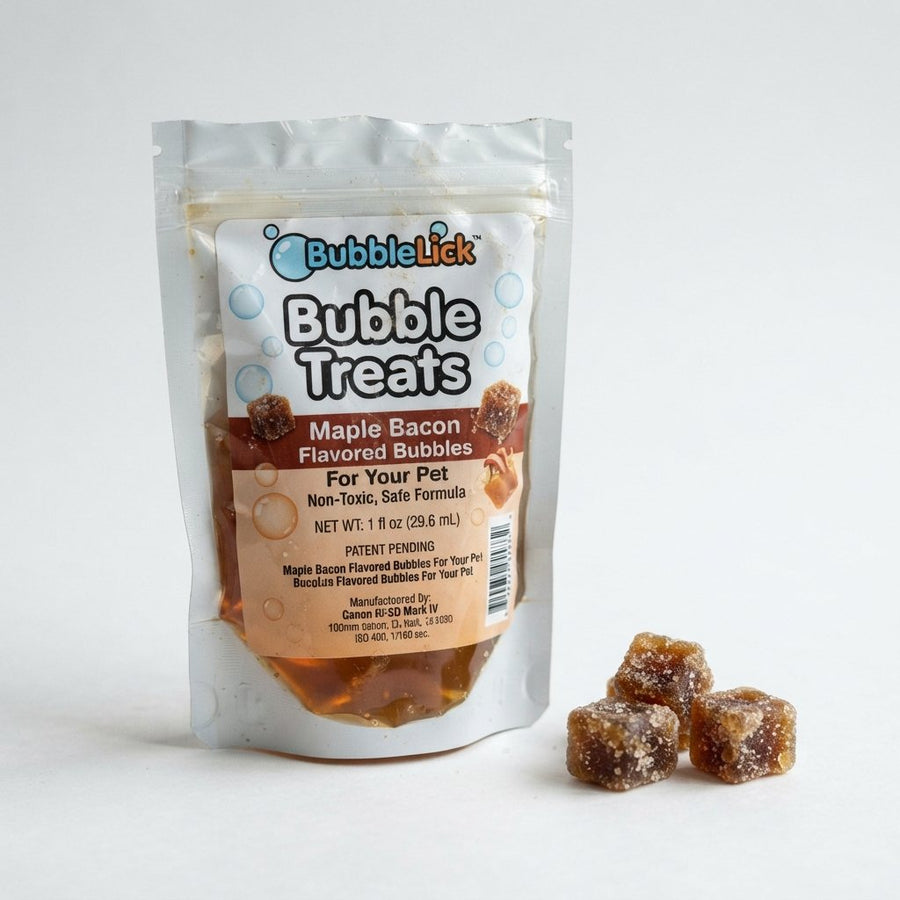 BubbleLick Bubble Treats Maple Bacon Flavored Bubbles For Your Pet — front of pack at Exotic Snaxx Chicago