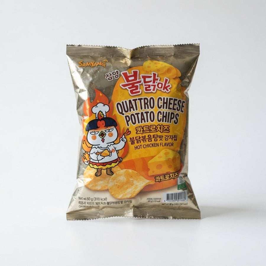 Samyang Buldak Quattro Cheese Potato Chips — front of pack at Exotic Snaxx Chicago