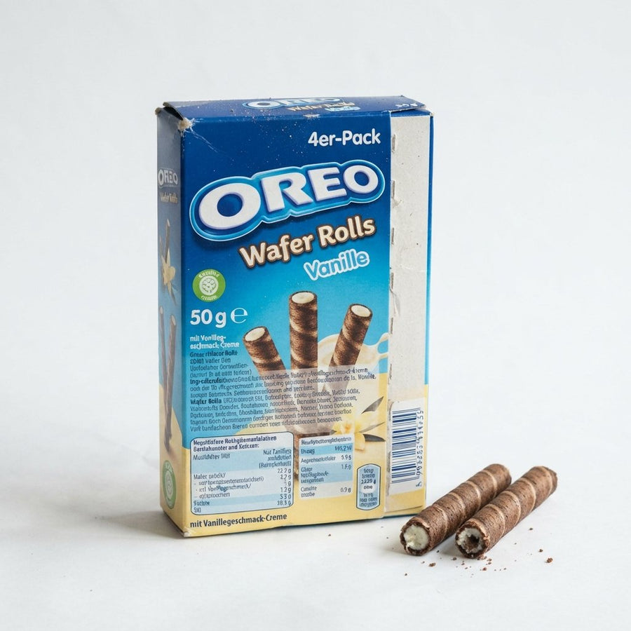 Oreo 4er-Pack Wafer Rolls Vanille 50g — front of pack at Exotic Snaxx Chicago