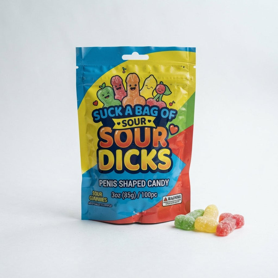 Suck a Bag of Sour Dicks Penis shaped Candy 3oz 100pc — front of pack at Exotic Snaxx Chicago
