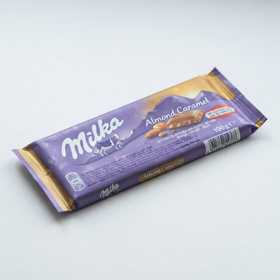 Milka Chocolate Bar Almond Caramel ( Austria ) — front of pack at Exotic Snaxx Chicago