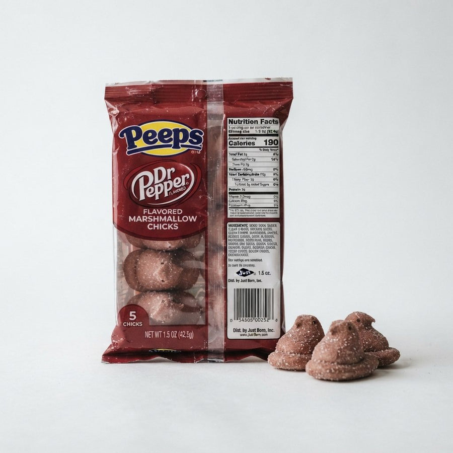 PEEPS® Dr Pepper Flavored Marshmallow Chicks  5 Count (1.5 Ounces) — front of pack at Exotic Snaxx Chicago