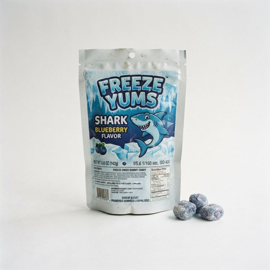 Freeze Yums Shark Bluberry Flavor — front of pack at Exotic Snaxx Chicago