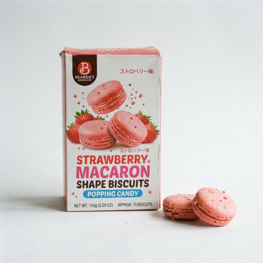 Strawberry Biscuits Macaron Shape with Popping Candy — front of pack at Exotic Snaxx Chicago