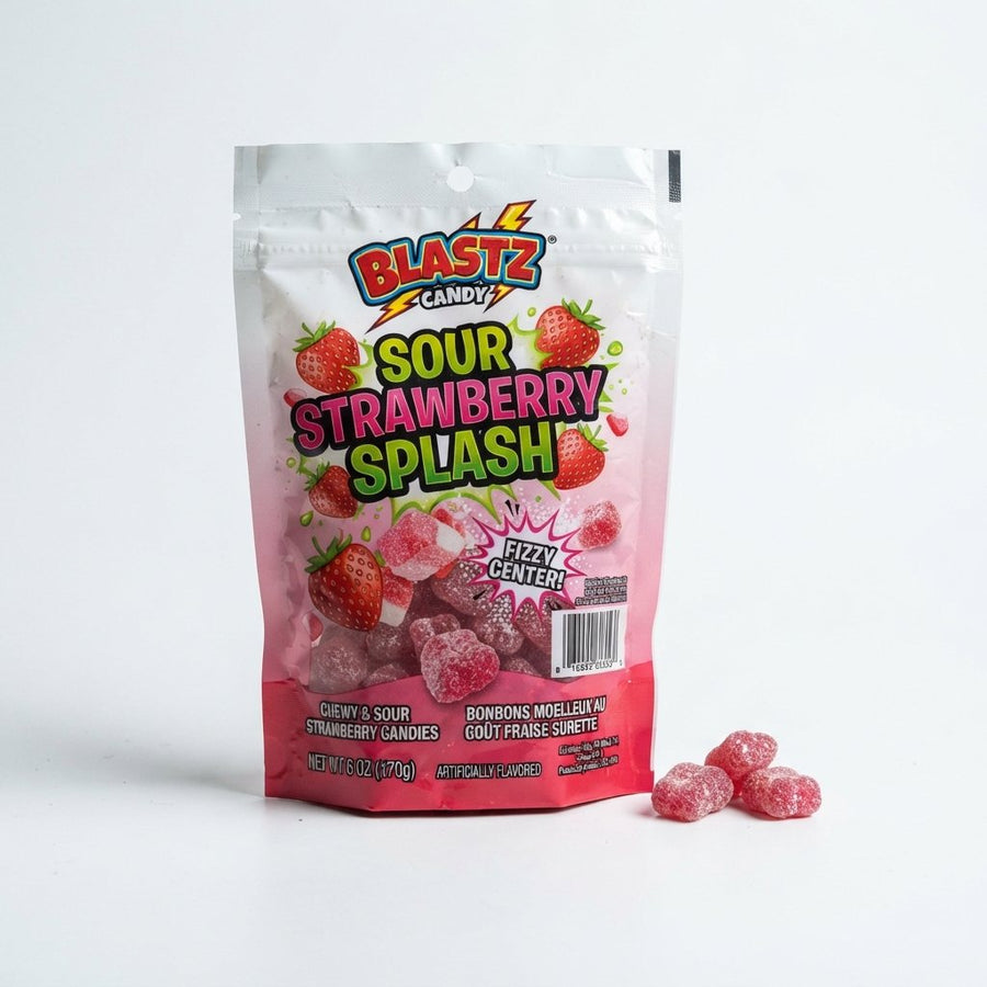 Sour Strawberry Splash Blastz Candy — front of pack at Exotic Snaxx Chicago