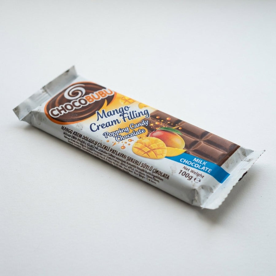 Chocobubu Mango Cream Filling Popping Candy Chocolate — front of pack at Exotic Snaxx Chicago