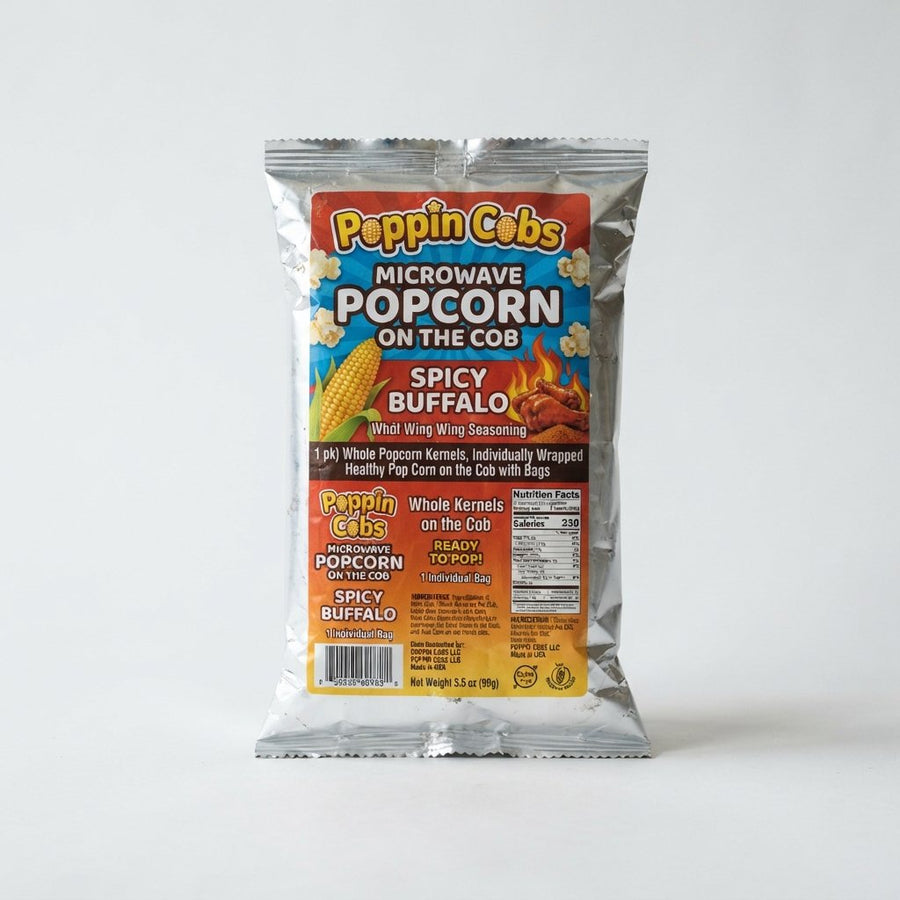 Poppin Cobs Microwave Popcorn on The Cob  pk) (Spicy Buffalo) Whole Popcorn Kernels, Individually Wrapped Healthy Pop Corn on the Cob with Bags — front of pack at Exotic Snaxx Chicago