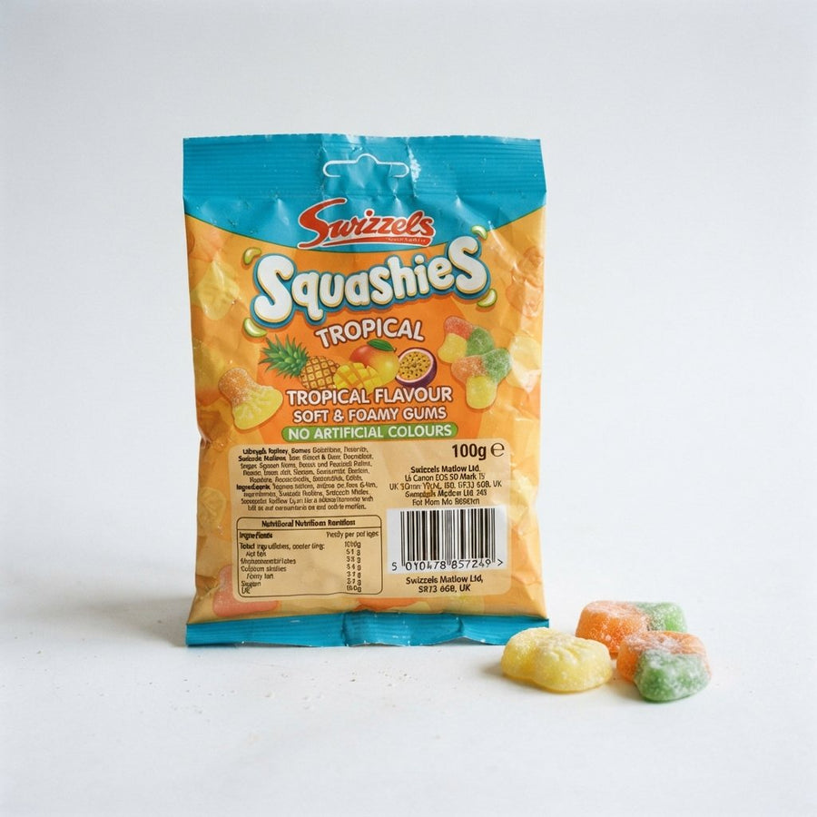 Swizzels Squashies Tropical Flavour 100g UK — front of pack at Exotic Snaxx Chicago