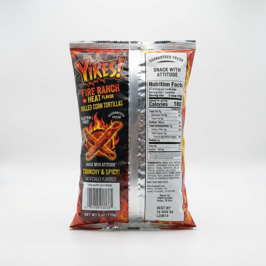 Yikes Fire Ranch Heat Flavor Rolled Corn Tortillas Gluten Free — front of pack at Exotic Snaxx Chicago