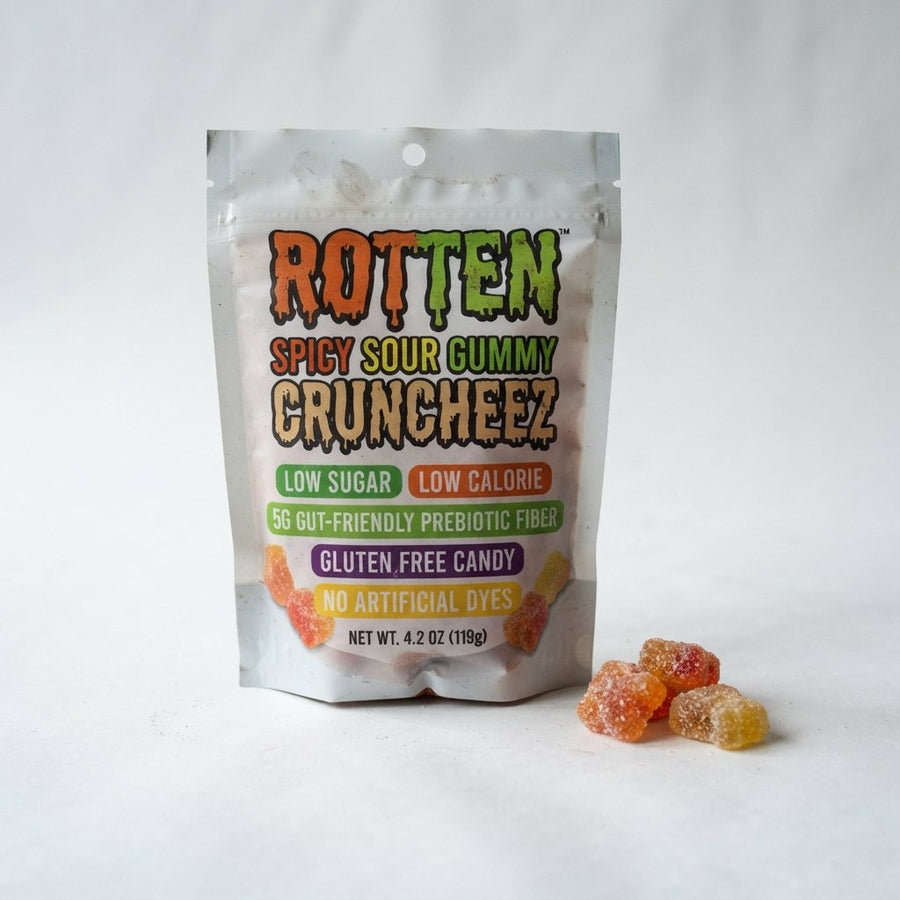 Rotten Spicy Sour Gummy Cruncheez - Low Sugar, Low Calorie, 5G Gut-Friendly Prebiotic Fiber, Gluten Free Candy, No Artificial Dyes — front of pack at Exotic Snaxx Chicago
