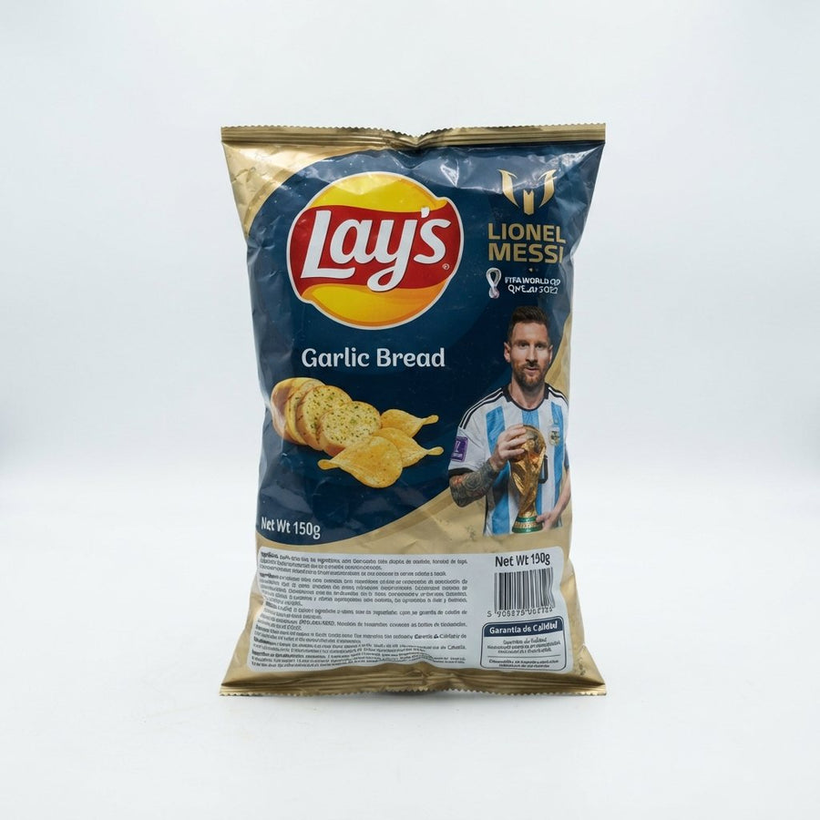 Lays Garlic Bread Flavor LIONEL MESSI FIFA EDITION — front of pack at Exotic Snaxx Chicago