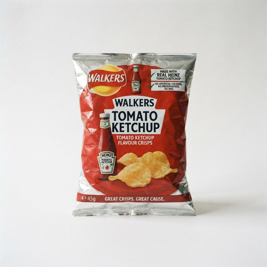 Walkers Heinz Tomato Ketchup Crisps UK — front of pack at Exotic Snaxx Chicago