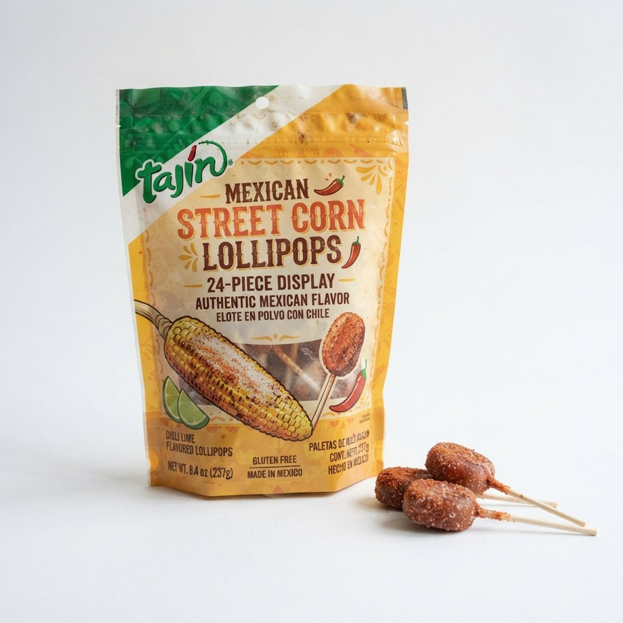Mexican Street Corn Lollipops: 24-Piece Display — front of pack at Exotic Snaxx Chicago