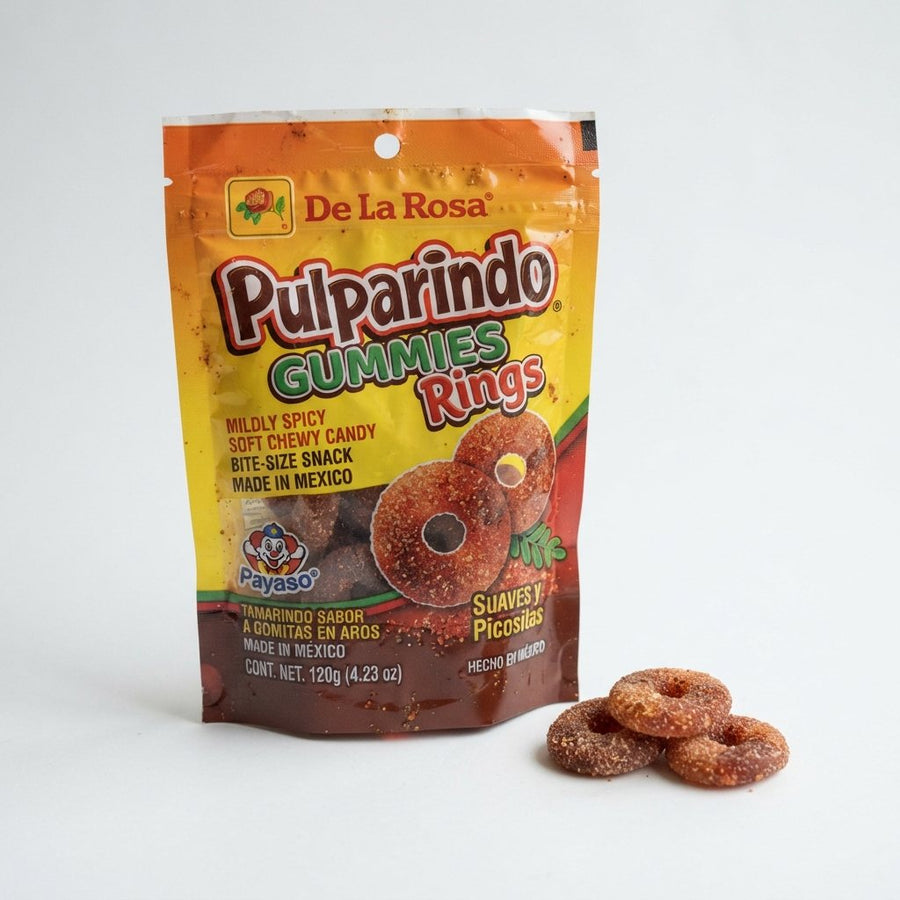 De La Rosa Pulparindo Gummies Rings, Mildly Spicy Soft Chewy Candy, Bite-Size Snack Mexico — front of pack at Exotic Snaxx Chicago