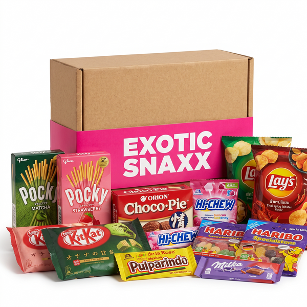 Exotic Snaxx Mystery Box, kraft mailer with hot pink band, surrounded by imported snacks