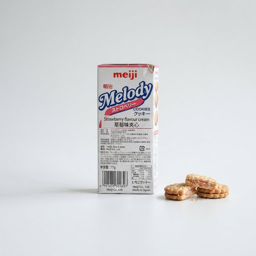 Meji melody strawberry cookie — front of pack at Exotic Snaxx Chicago