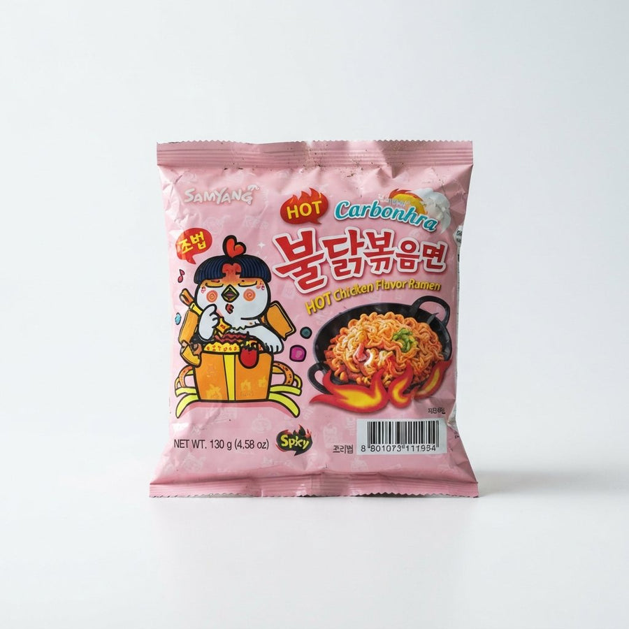 Carbonara Samyang Spicy Korean Noodle Ramen Noodles Buldak Instant — front of pack at Exotic Snaxx Chicago