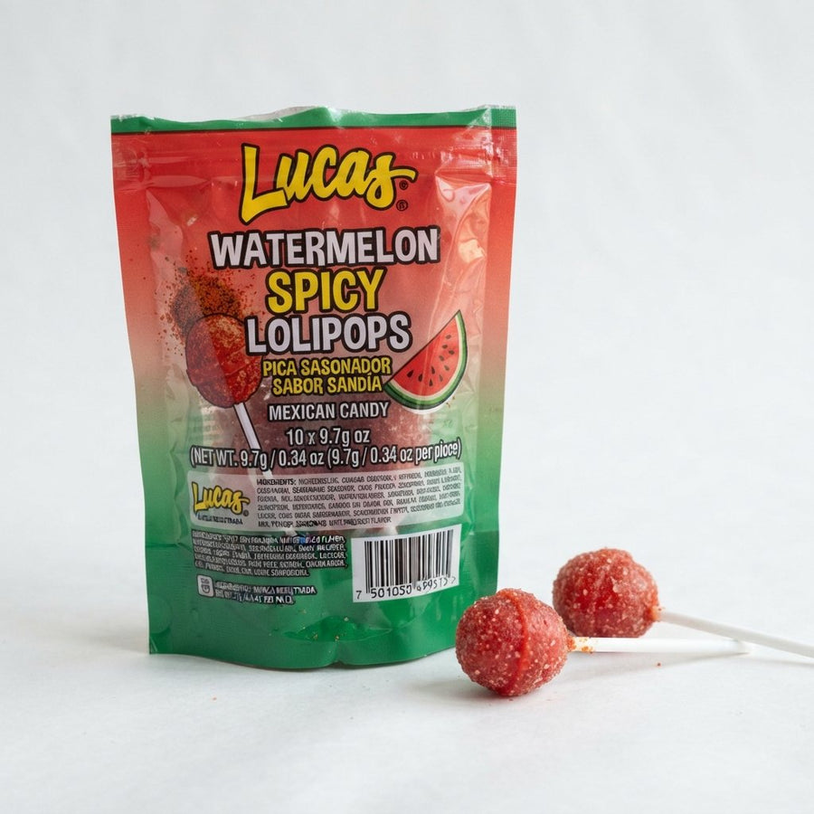 Lucas Watermelon Spicy Lollipops — front of pack at Exotic Snaxx Chicago