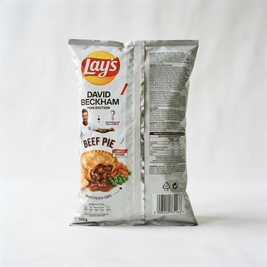 Lays Beef Pie DAVID BECKHAM FIFA EDITION — front of pack at Exotic Snaxx Chicago