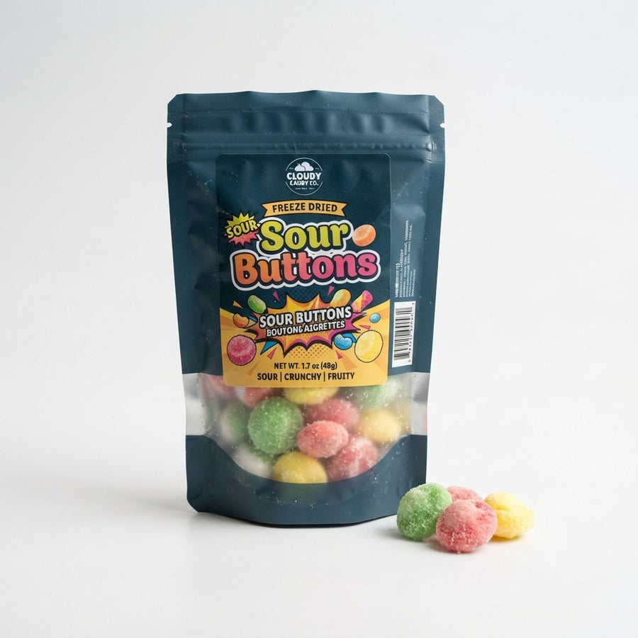 Freeze Dried Sour Buttons — front of pack at Exotic Snaxx Chicago