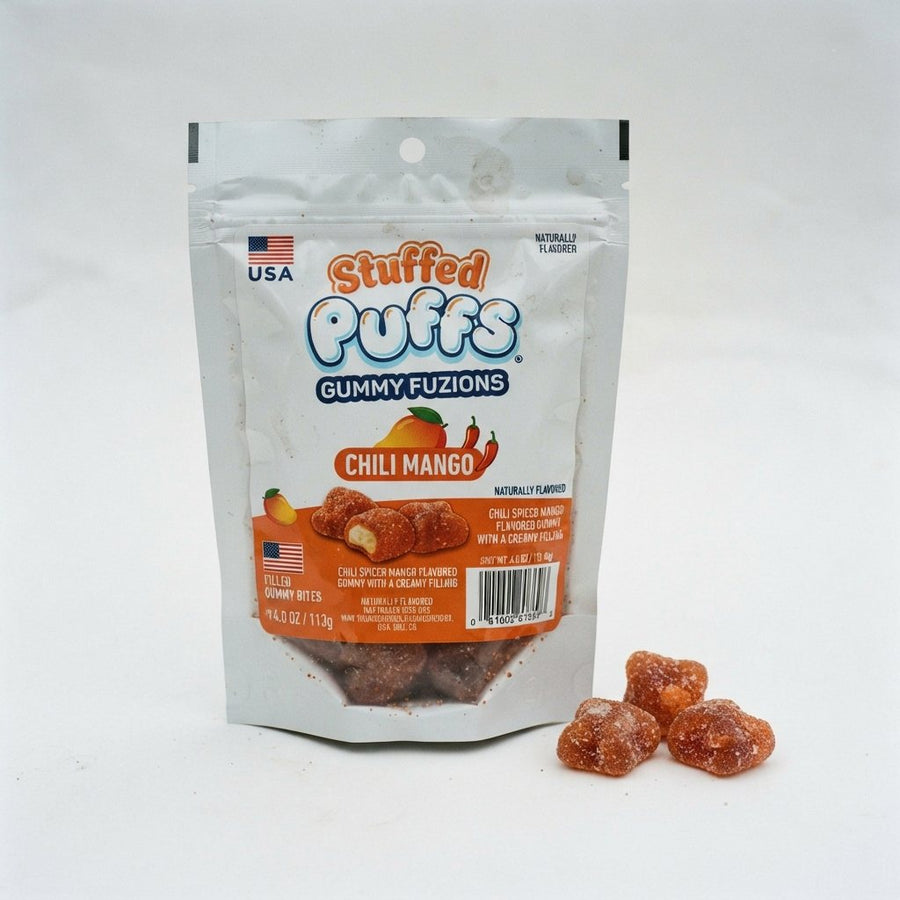 Stuffed Puffs Gummy Fuzions Chili Mango Usa — front of pack at Exotic Snaxx Chicago