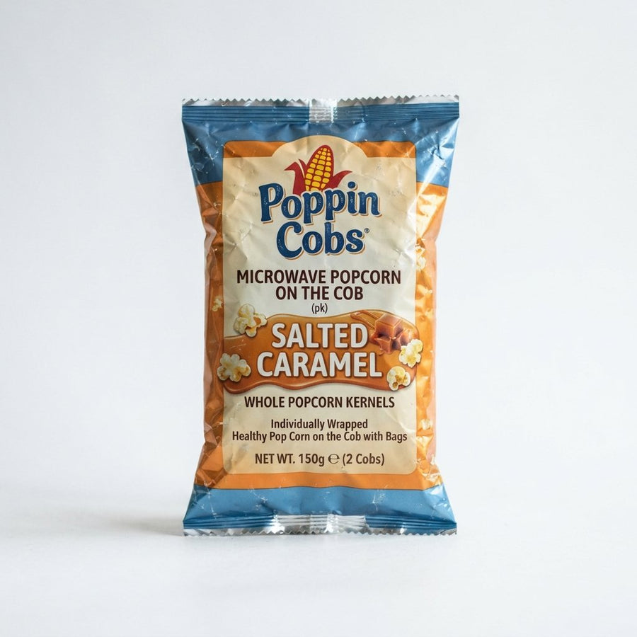 Poppin Cobs Microwave Popcorn on The Cob (pk) (Salted Caramel) Whole Popcorn Kernels, Individually Wrapped Healthy Pop Corn on the Cob with Bags — front of pack at Exotic Snaxx Chicago