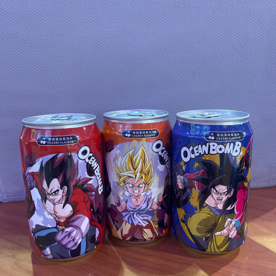 Ocean Bomb Dragon Ball GT Sparkling Water (Cherry Flavor) — front of pack at Exotic Snaxx Chicago