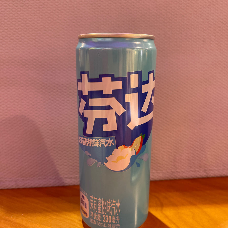 Fanta Jasmine Peach (China, 330 ml) — front of pack at Exotic Snaxx Chicago