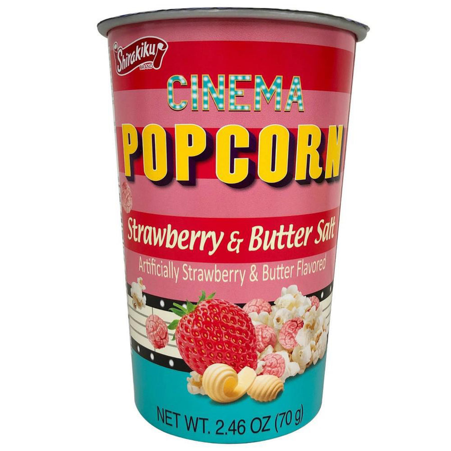 Shirakiku Cinema Strawberry & Butter Salt Popcorn — front of pack at Exotic Snaxx Chicago