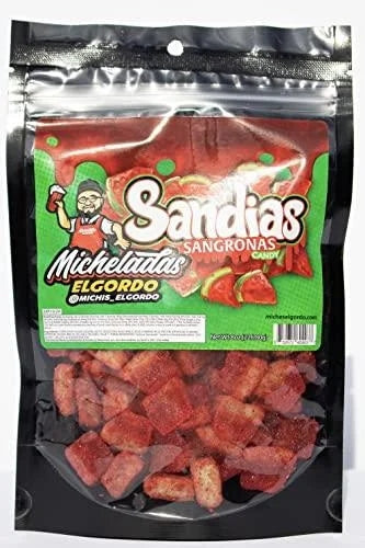 Micheladas El Gordo Sandias Sangronas | Spicy Chamoy Watermelon Fruit Candy — front of pack at Exotic Snaxx Chicago