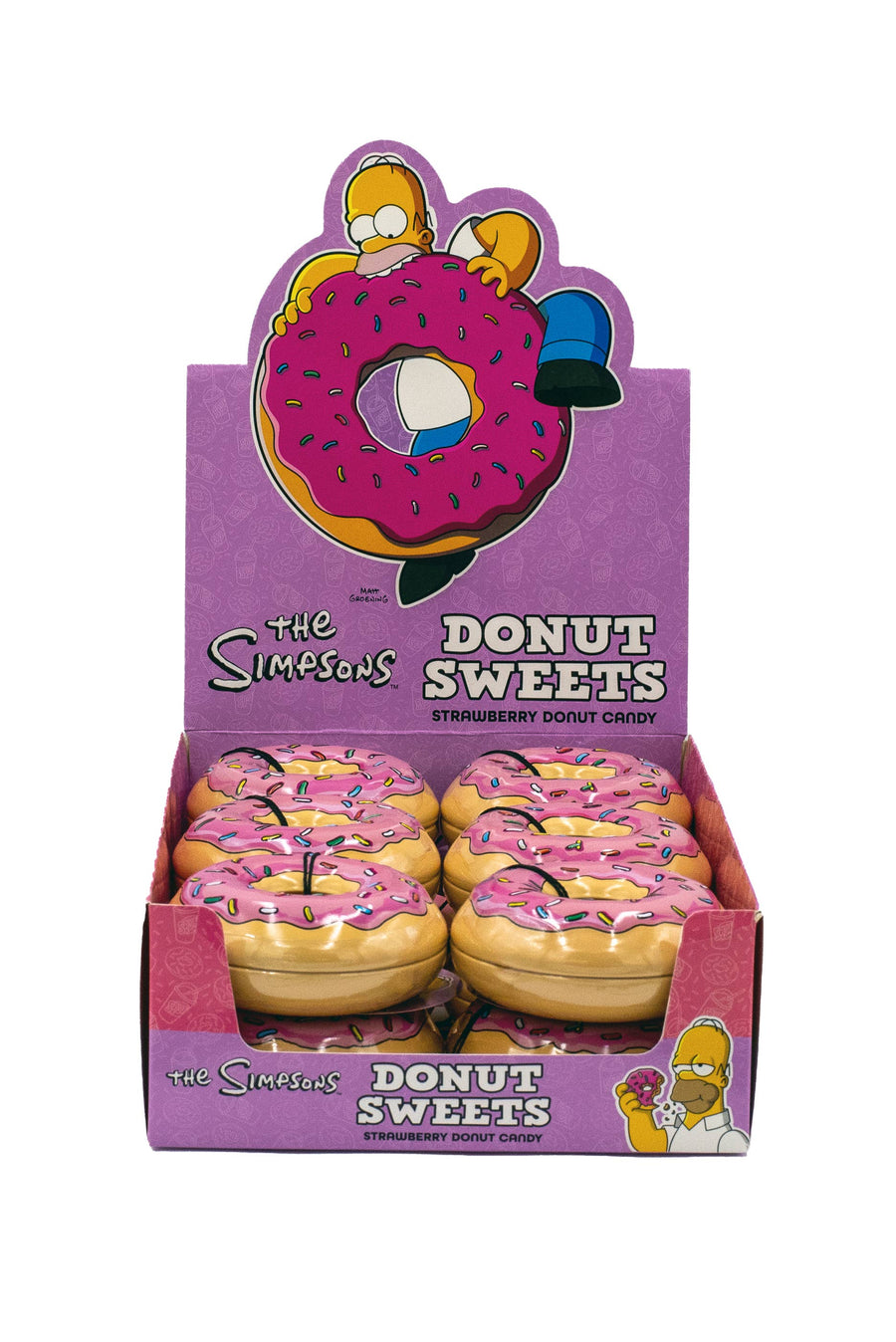 The Simpsons Donut Sweets, Strawberry Donut Candy Tin — front of pack at Exotic Snaxx Chicago