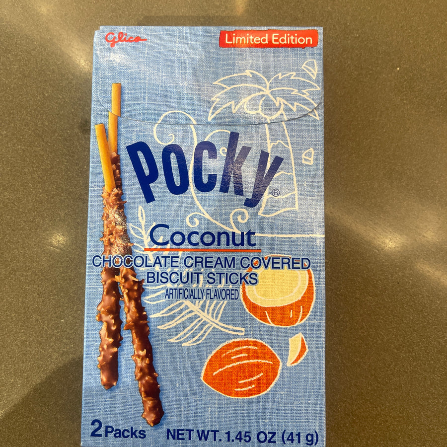 Pocky Coconut Chocolate Cream Covered Biscuit Sticks (Japan, Limited Edition) — front of pack at Exotic Snaxx Chicago