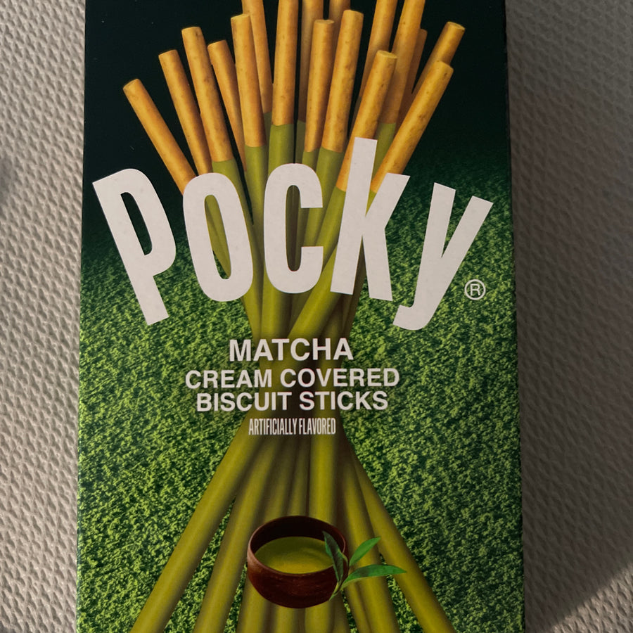 Pocky Matcha (Japan) — front of pack at Exotic Snaxx Chicago
