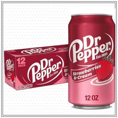 Dr Pepper Strawberries and Cream Soda — front of pack at Exotic Snaxx Chicago