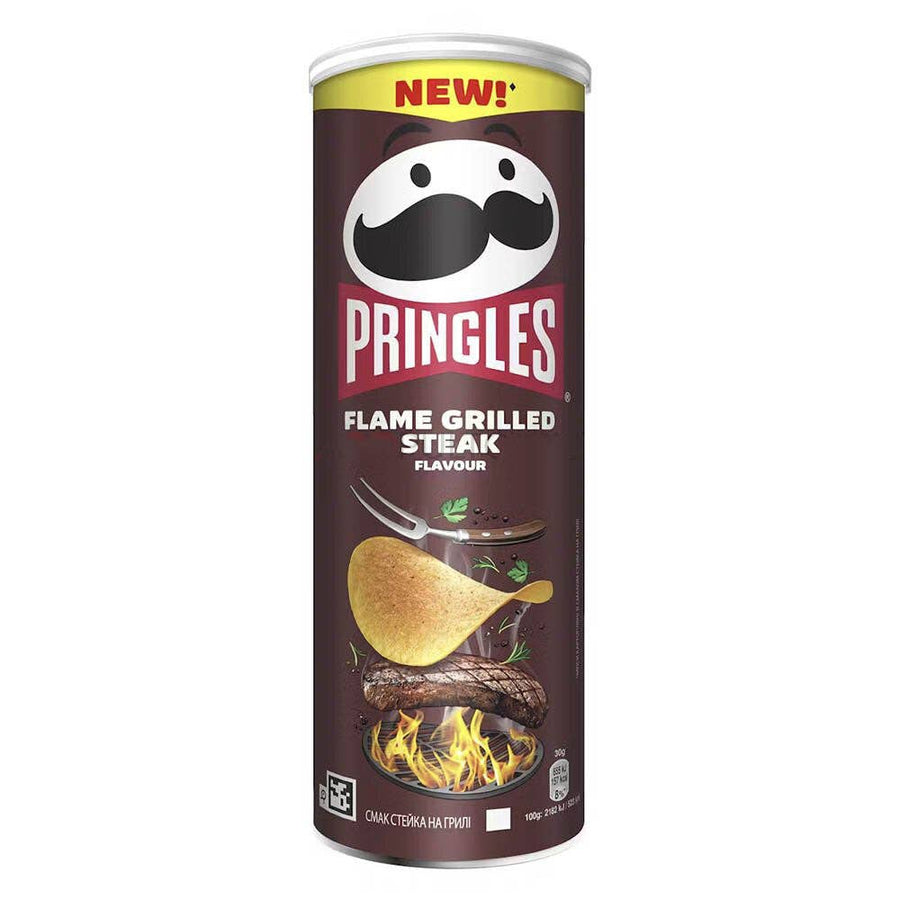 Pringles Flame Grilled Steak (160g) (UK) — front of pack at Exotic Snaxx Chicago