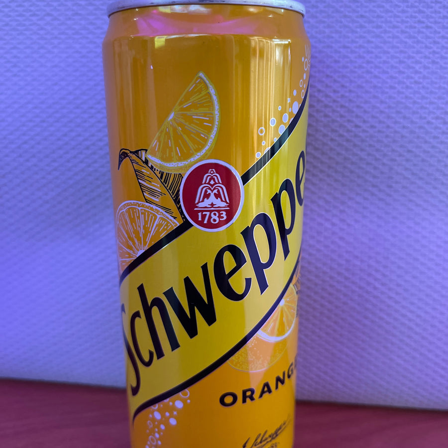 Schweppes Orange (Poland/Europe) — front of pack at Exotic Snaxx Chicago