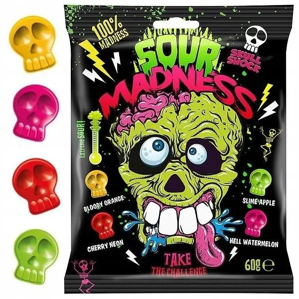 Sour Madness Skull Shape Candy Extreme Sour Poland — front of pack at Exotic Snaxx Chicago