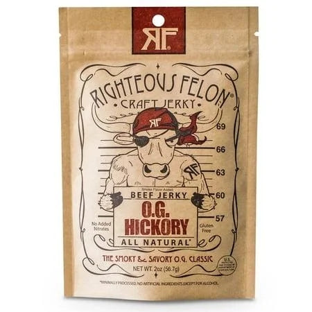 Righteous Felon OG Hickory Beef Jerky Smoky Savory Classic — front of pack at Exotic Snaxx Chicago