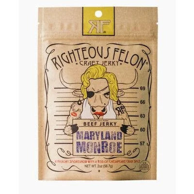 Righteous Felon Maryland Monroe Beef Jerky Kiss of chesapeake seasoning — front of pack at Exotic Snaxx Chicago
