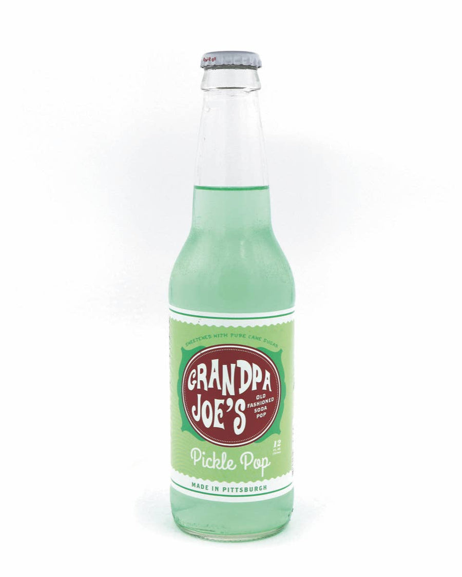 Grandpa Joe's Pickle Soda, 12oz Glass Bottle 12ct — front of pack at Exotic Snaxx Chicago