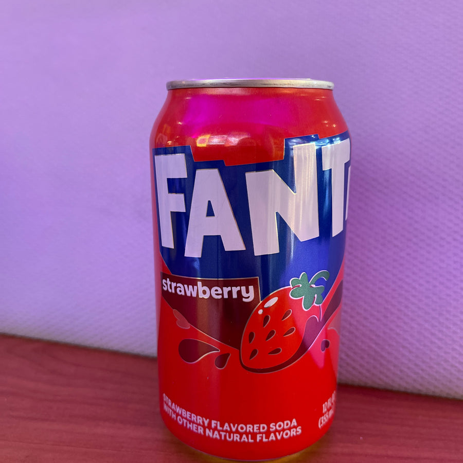 Fanta Strawberry (USA) — front of pack at Exotic Snaxx Chicago