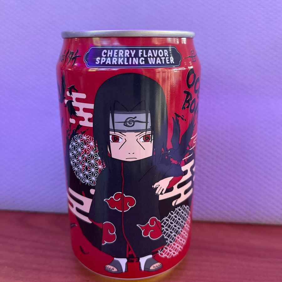 Naruto Shippuden Itachi Uchiha Sparkling Water – Cherry Flavor (330 ml, USA Licensed) — front of pack at Exotic Snaxx Chicago