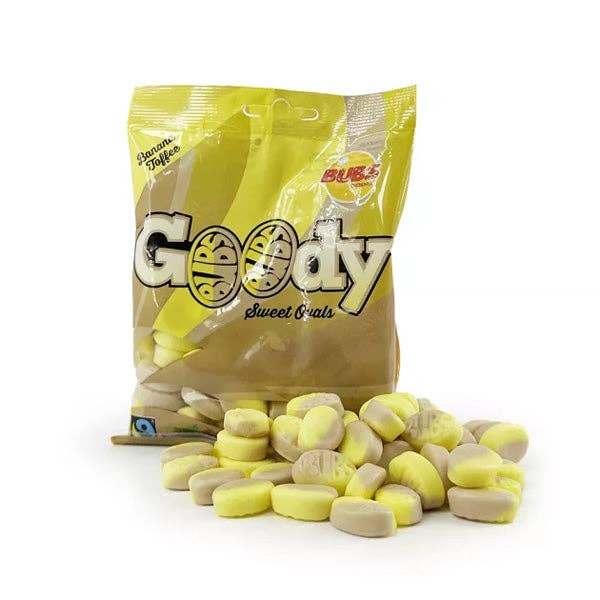 BUBS Godis: Banana Toffee Goody Ovals (3.17oz) Swedish Candy — front of pack at Exotic Snaxx Chicago