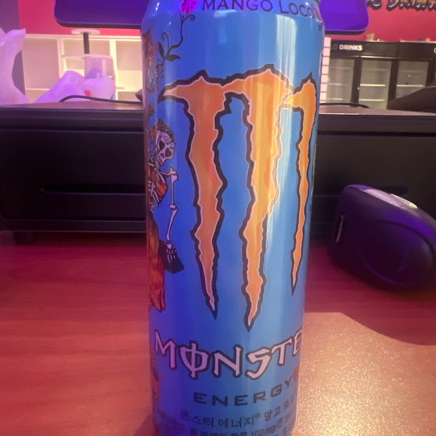 Monster Energy Mango Loco(South Korea) — front of pack at Exotic Snaxx Chicago