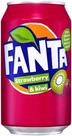 Fanta Strawberry & Kiwi (330ml) (UK) — front of pack at Exotic Snaxx Chicago