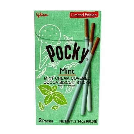 Glico Pocky Limited Edition Mint Cream Covered Cocoa Biscuit Sticks  2 — front of pack at Exotic Snaxx Chicago