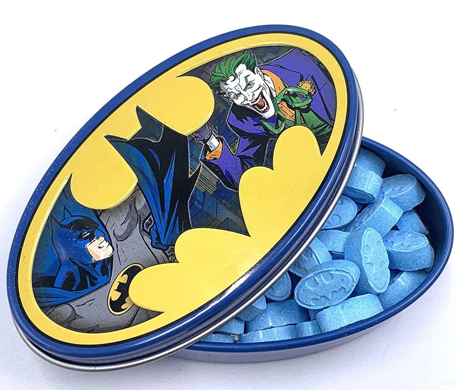 Batman Nemesis Sour Blue Raspberry Candy Collector Batman Logo Tin — front of pack at Exotic Snaxx Chicago