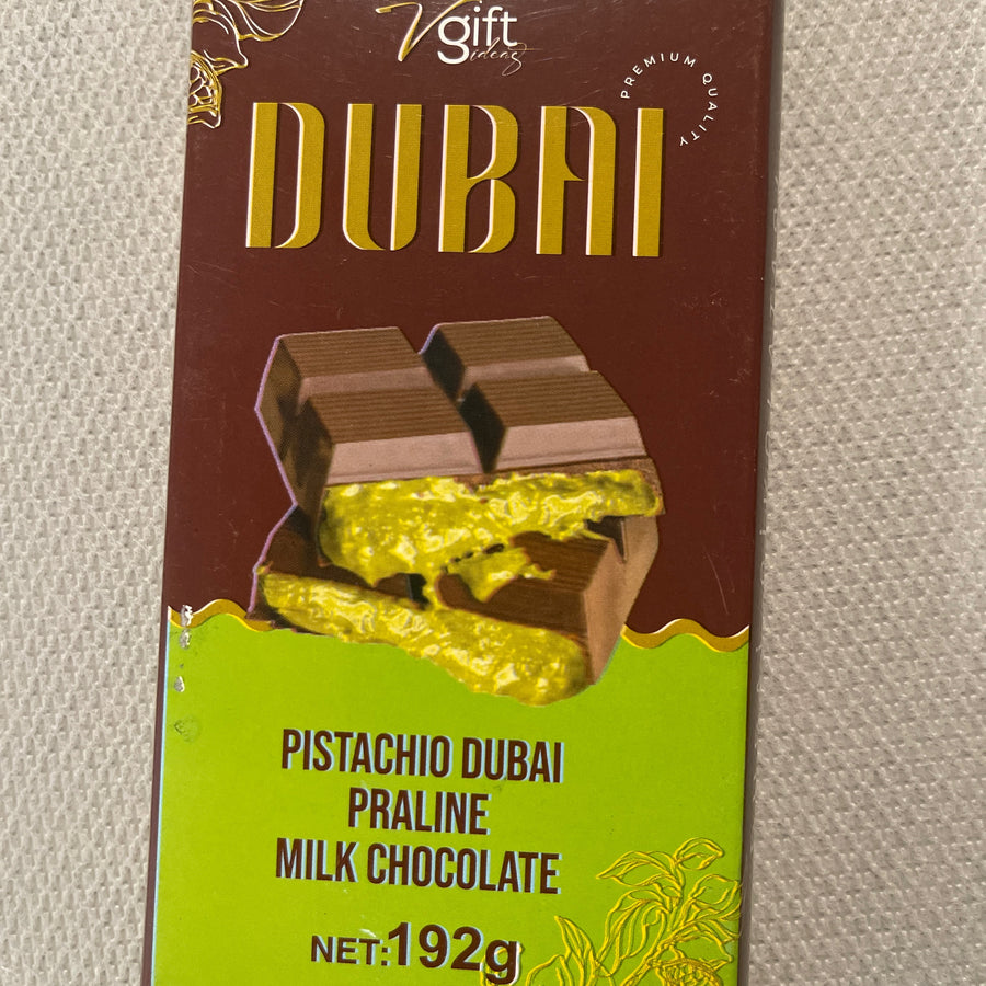 Dubai Pistachio Praline Milk Chocolate (UAE) — front of pack at Exotic Snaxx Chicago